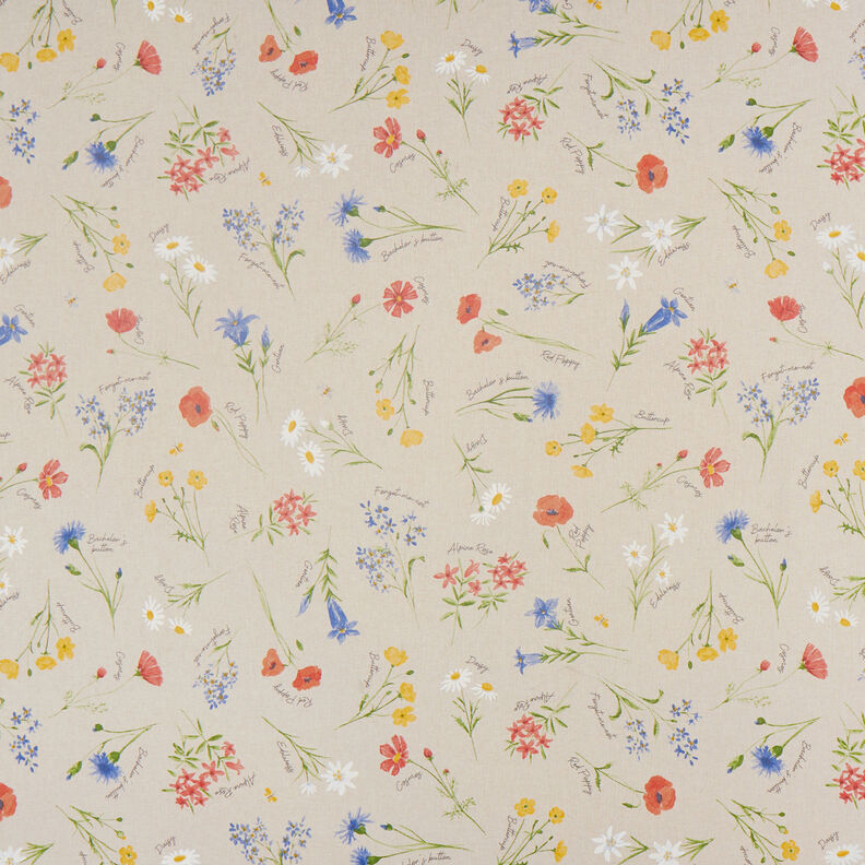 Decor Fabric Half Panama Alpine flowers – natural/blue,  image number 1