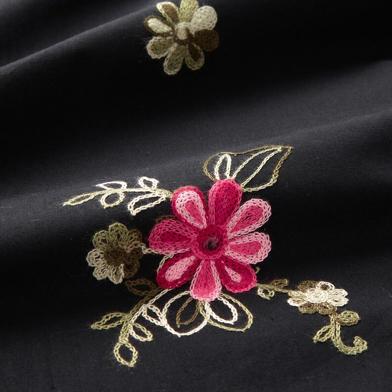 Cotton Poplin Embroidered bouquets – black/berry,  image number 2