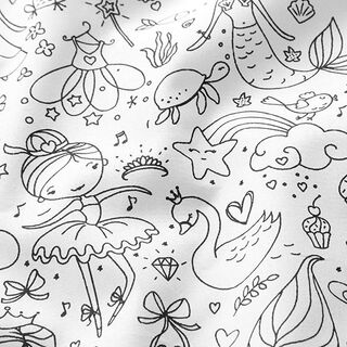 Cotton Poplin Colouring in fabric, fairytale world – white/black, 