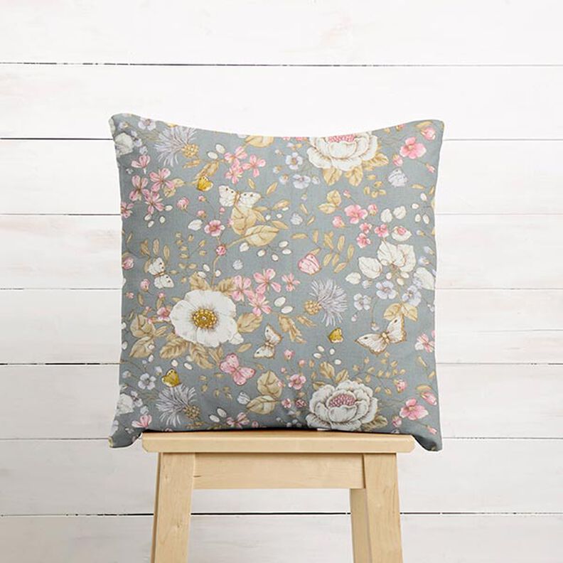 Decor Fabric Half Panama Flower Garden – dove blue/pink,  image number 7