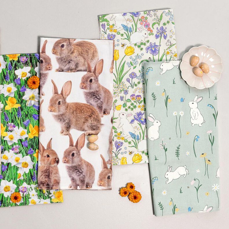 Decor Fabric Half Panama bunnies in a flower meadow – ivory/light pink,  image number 8