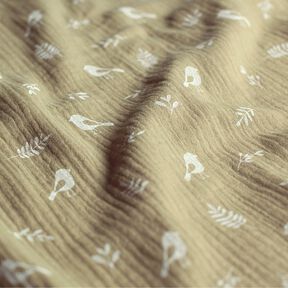 Double Gauze/Muslin Branches and birds – light khaki/white, 