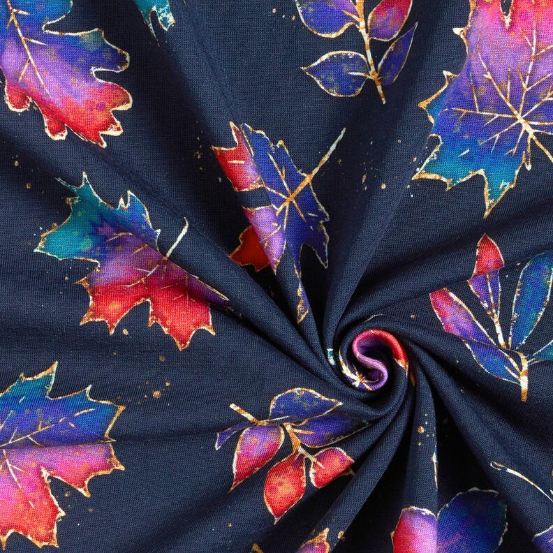 French terry colourful autumn leaves | Glitzerpüppi – midnight blue/fire red, image number 3