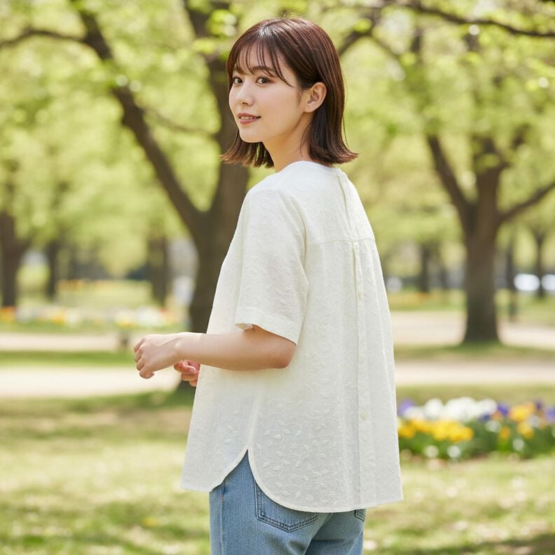 Cotton Fabric 3D Embroidery Flowers &ndash; white,  image number 6