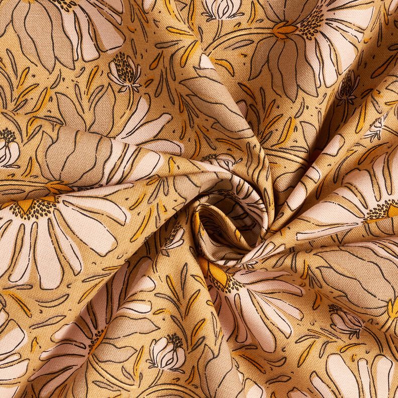 Decor Fabric Half Panama Big Flowers – dark beige/curry yellow, image number 3