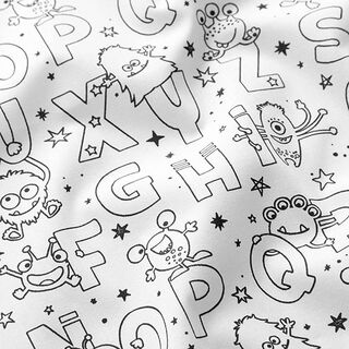 Cotton Poplin Colouring in fabric, alphabet monsters – white/black, 