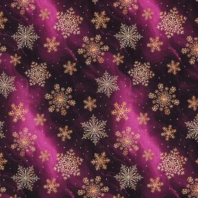 French Terry Snowflakes Milky Way | Glitzerpüppi – aubergine/antique gold, 
