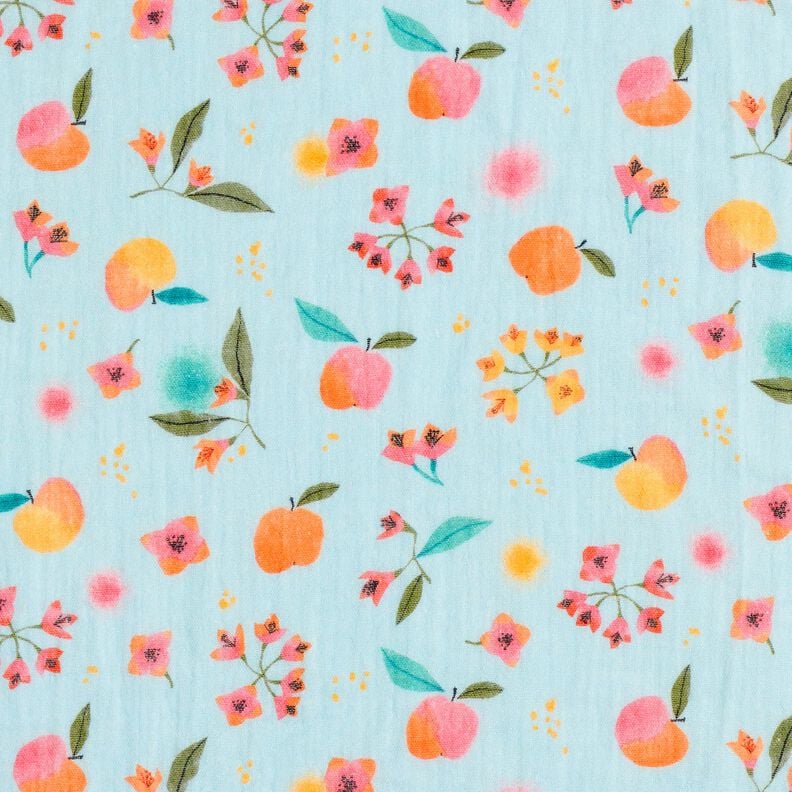 Double Gauze/Muslin apples dots flowers Digital Print – light blue,  image number 1