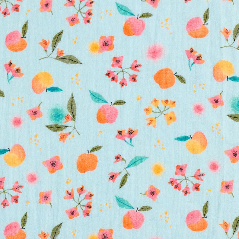 Double Gauze/Muslin apples dots flowers Digital Print – light blue, image number 1
