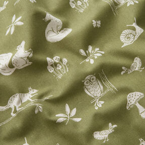 Decor Fabric Half Panama Forest animal scene – olive/natural, 