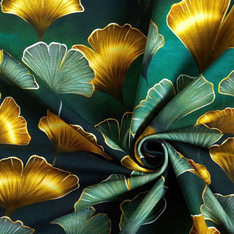 Cotton Jersey Ginkgo | Glitzerpüppi – dark green/antique gold,  image number 3