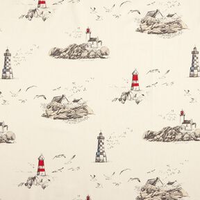 Decor Fabric Panama Lighthouses and seagulls – natural/chili, 
