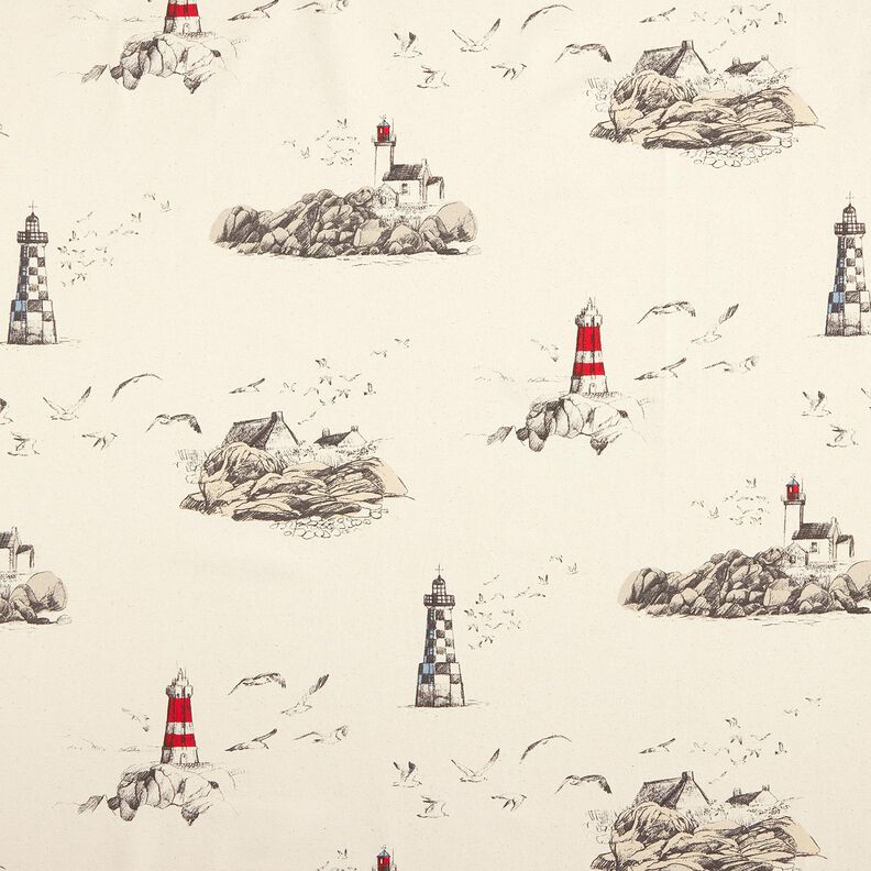 Decor Fabric Panama Lighthouses and seagulls – natural/chili,  image number 1