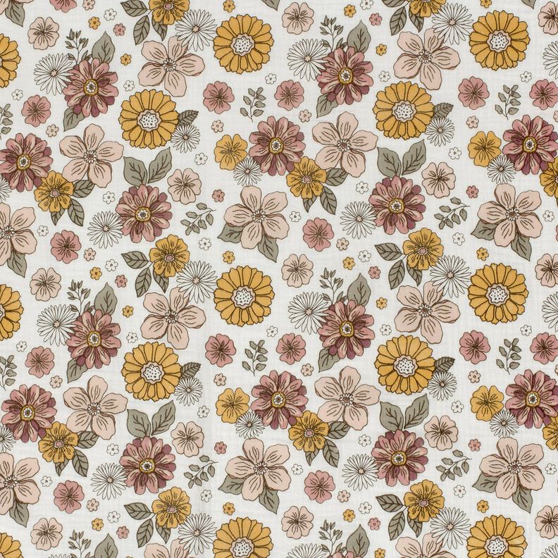 Double Gauze/Muslin Retro Flowers – white, image number 1