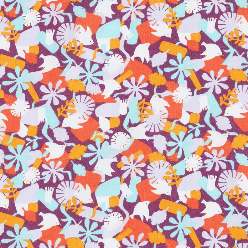 Cotton Cretonne Birds and Flowers – grape/pastel violet, image number 1