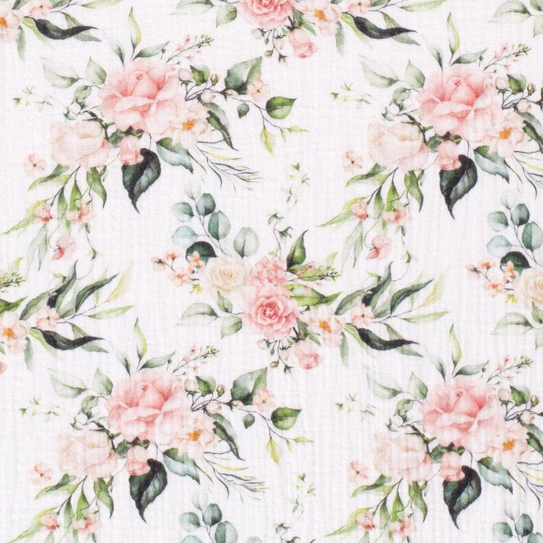 Double Gauze/Muslin watercolour climbing roses Digital Print – white,  image number 1