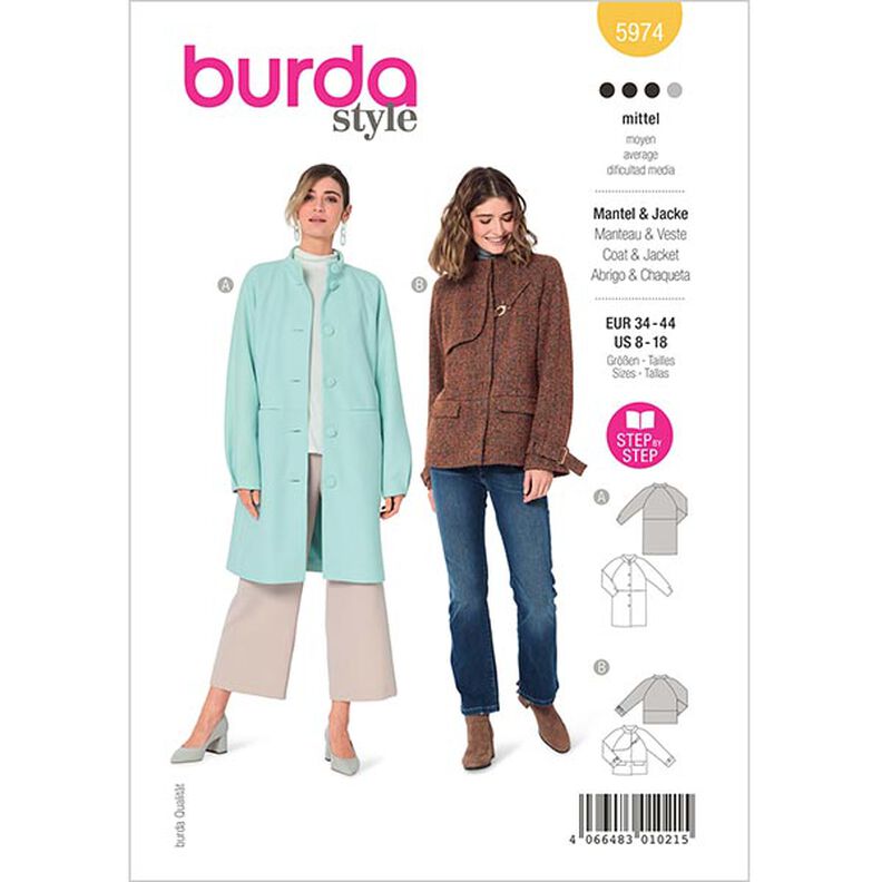 Jacket / coat raglan sleeves and stand-up collar | Burda 5974 | 34-44,  image number 1