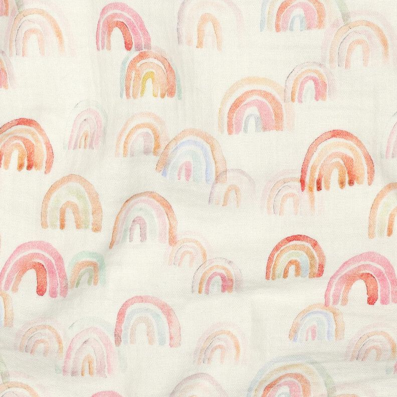 Double Gauze/Muslin colourful rainbows Digital Print | Poppy Fabrics – ivory/salmon, image number 2