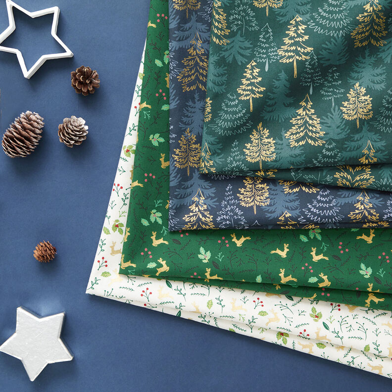 Cotton Poplin delicate fir trees – midnight blue/gold,  image number 5