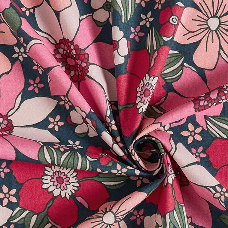 Cotton Cretonne Retro Flowers – petrol/pink,  image number 3