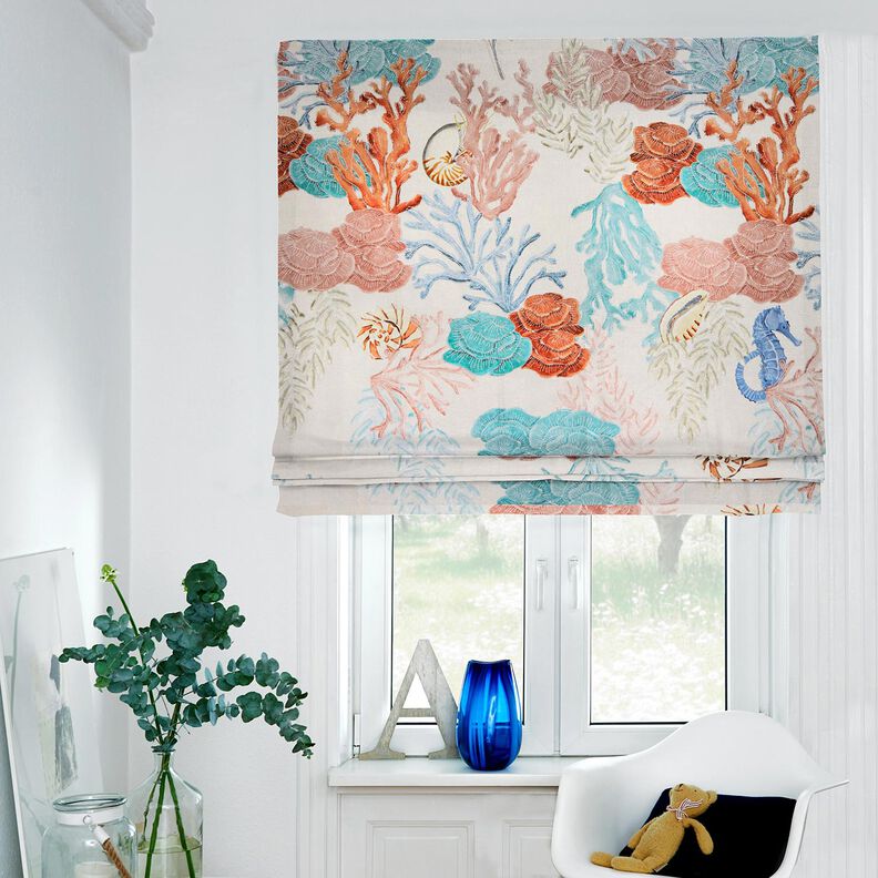 Decor Fabric Half Panama colourful corals – light taupe/aqua blue,  image number 7