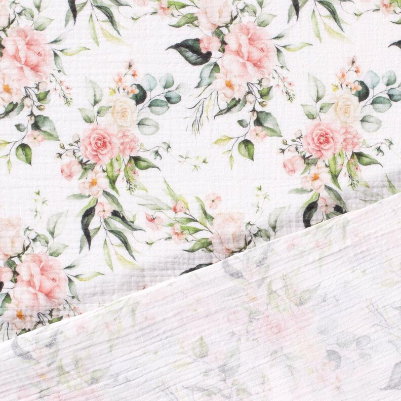 Double Gauze/Muslin watercolour climbing roses Digital Print – white,  image number 4