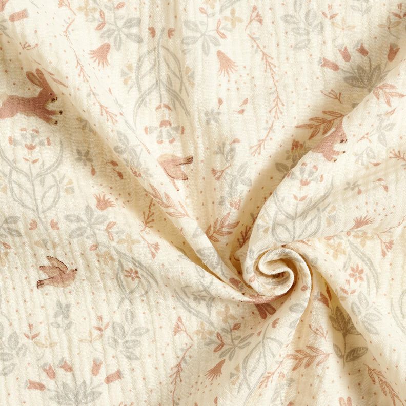 Double Gauze/Muslin Bird and rabbit in a flower garden – offwhite, image number 3