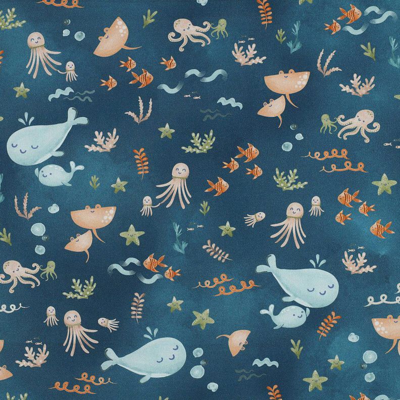 Cotton Poplin happy marine animals Digital Print | Poppy Fabrics – ocean blue,  image number 1