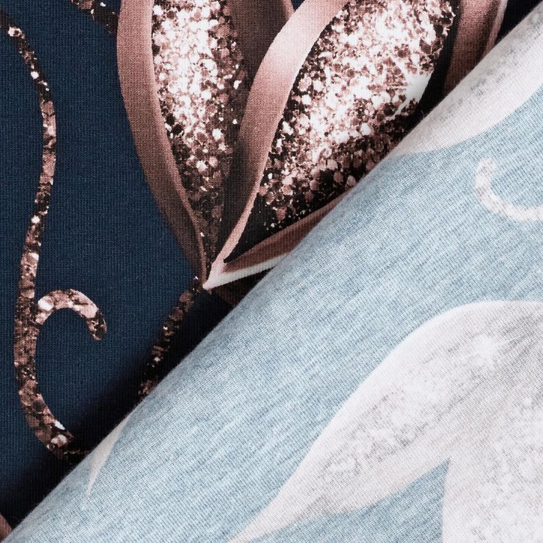 Cotton Jersey sparkling leaves | Glitzerpüppi – midnight blue/dark dusky pink,  image number 4