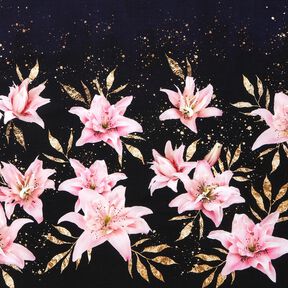 French Terry Border fabric lilies and gold speckled leaves | Glitzerpüppi – blue-black/light pink, 