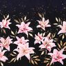 French Terry Border fabric lilies and gold speckled leaves | Glitzerpüppi – blue-black/light pink,  thumbnail number 1