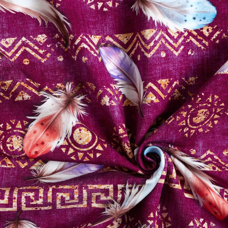 French terry Boho feathers | Glitzerpüppi  – grape/lobster,  image number 3