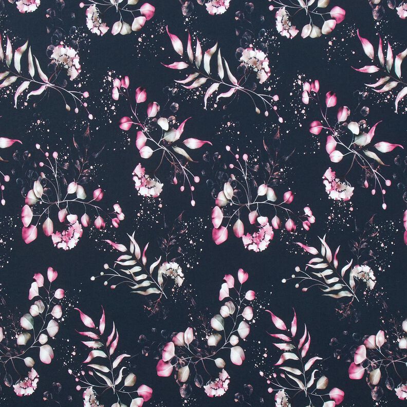 Cotton Jersey Eucalyptus and hydrangeas | Glitzerpüppi – midnight blue/pink, image number 1