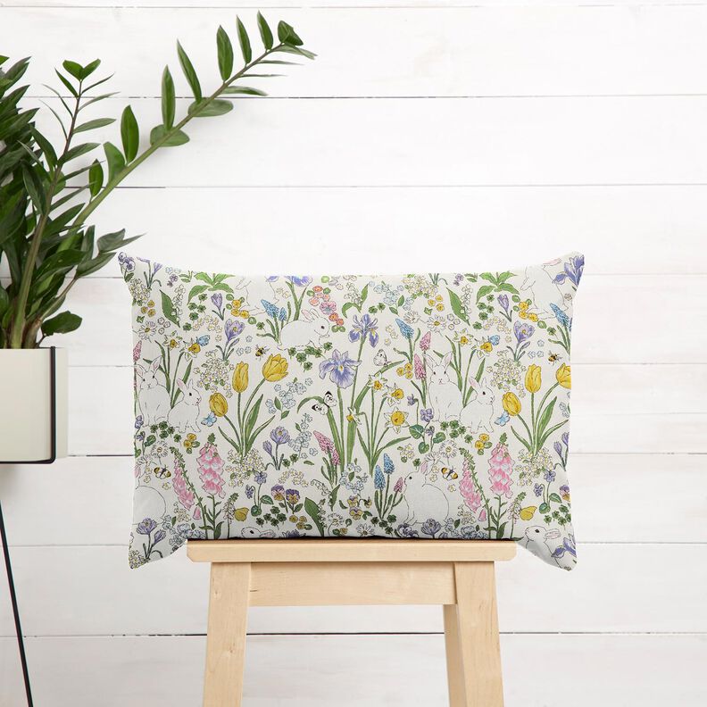 Decor Fabric Half Panama bunnies in a flower meadow – ivory/light pink,  image number 7