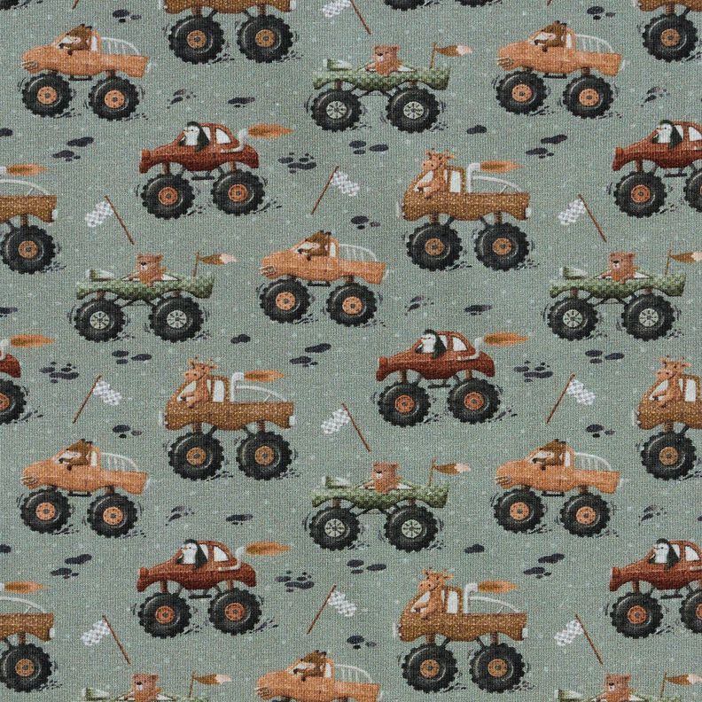 Cotton Jersey Animals in monster trucks Digital Print – elephant grey,  image number 1