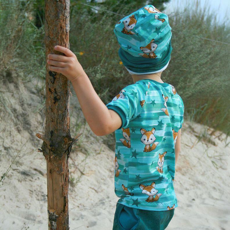 Cotton Jersey Fox with stripes | Glitzerpüppi – aqua blue/peach orange,  image number 5