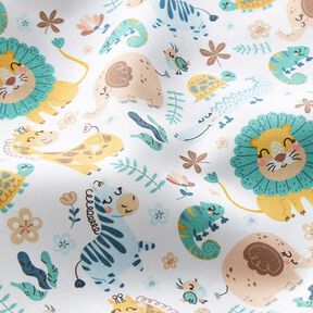 Cotton satin Safari animals – white/light blue, 