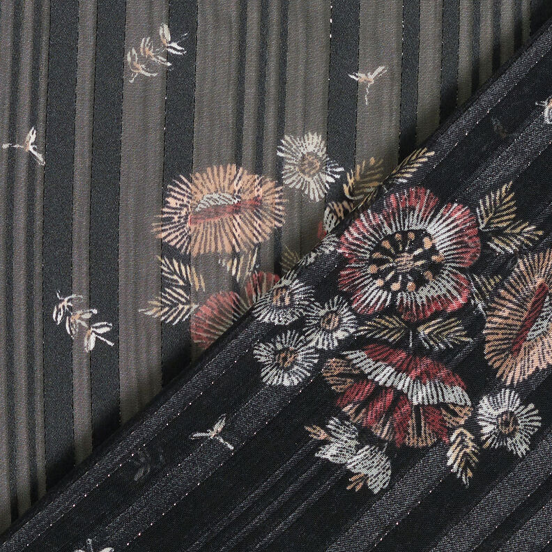 Chiffon with satin and metallic stripes flowers – black/white, image number 5