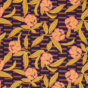 Decor Fabric Half Panama colourful flowers – aubergine/light orange, 