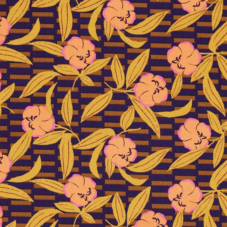 Decor Fabric Half Panama colourful flowers – aubergine/light orange, image number 1
