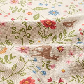 Decor Fabric Half Panama forest animals and flowers – natural/green, 