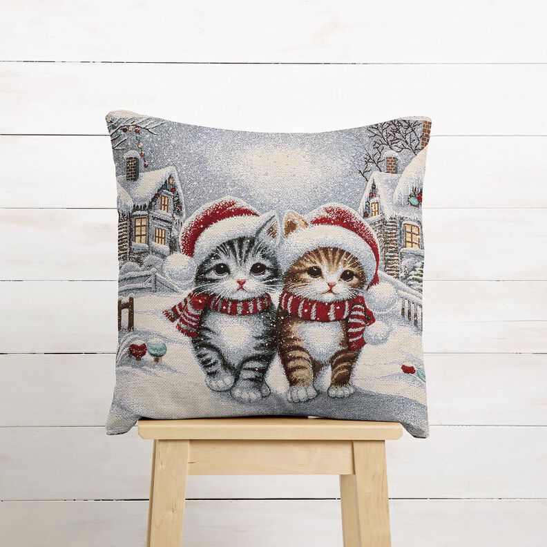 Decorative Panel Tapestry Fabric Christmas cats – light blue/carmine,  image number 5