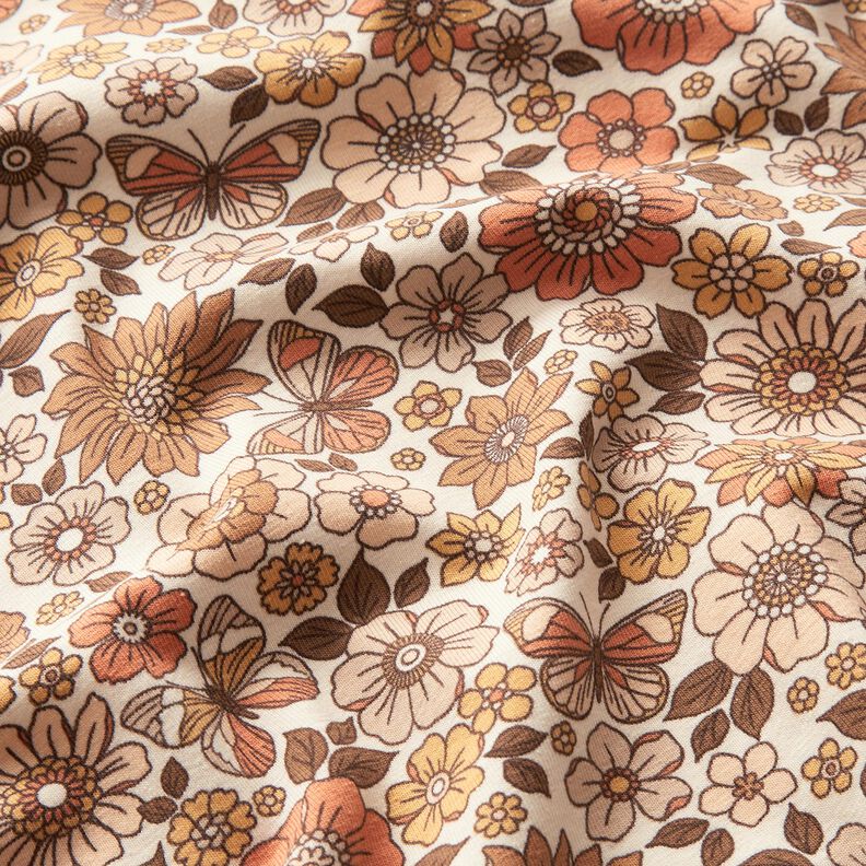 Cotton Jersey retro flowers and butterflies Digital Print – cream,  image number 2
