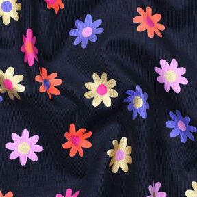 Baby Cord Flowers with glitter print | Poppy Fabrics – navy blue, 