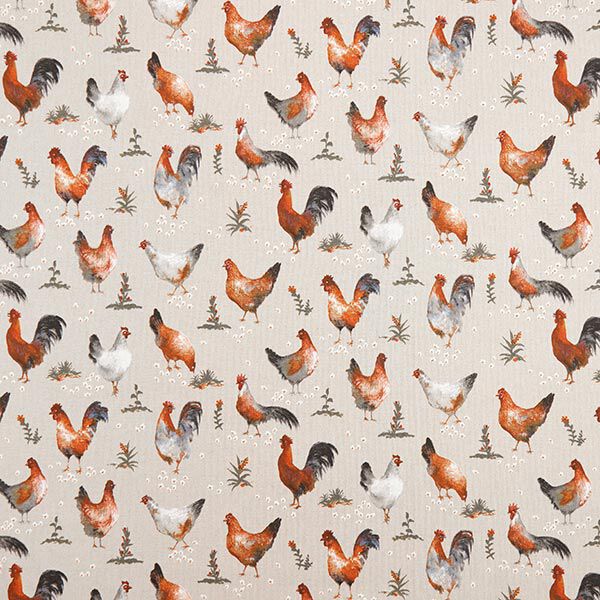 Decor Fabric Half Panama Chickens – natural/terracotta,  image number 1