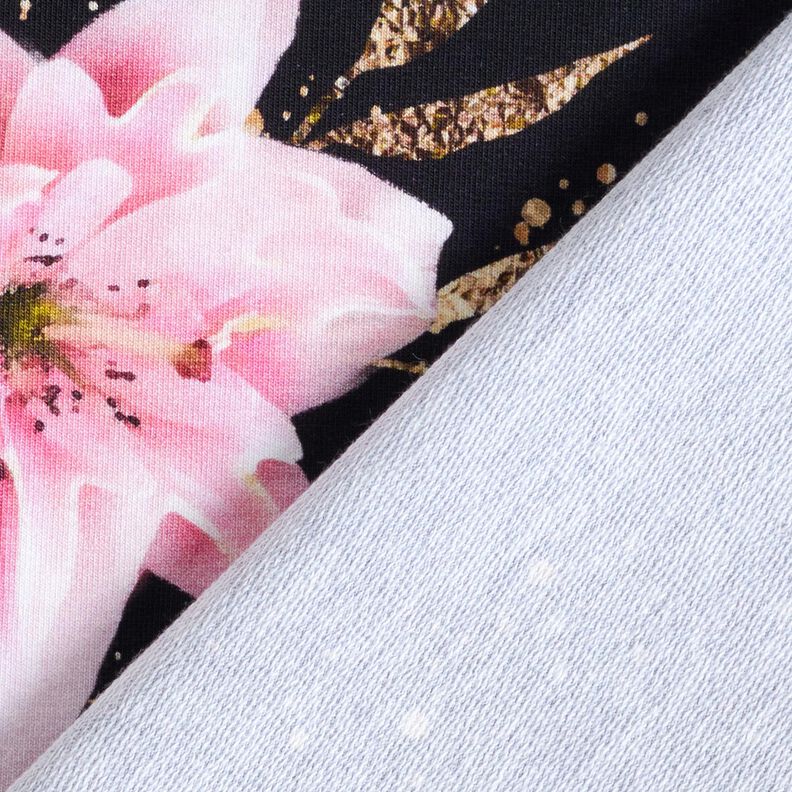 French Terry Border fabric lilies and gold speckled leaves | Glitzerpüppi – blue-black/light pink,  image number 5