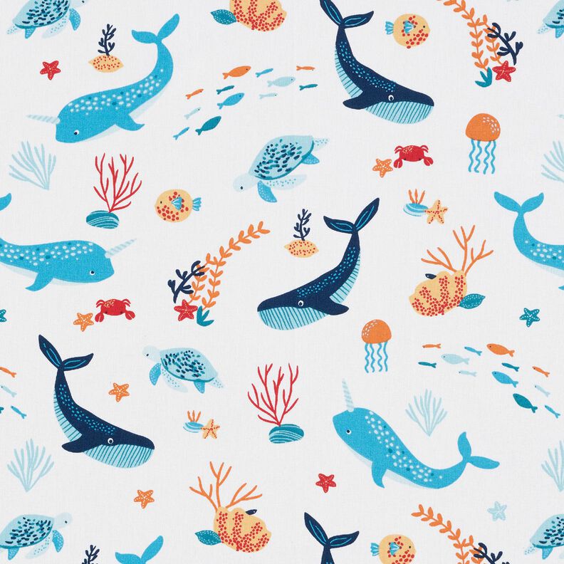 Cotton Cretonne underwater animals – white/aqua blue,  image number 1