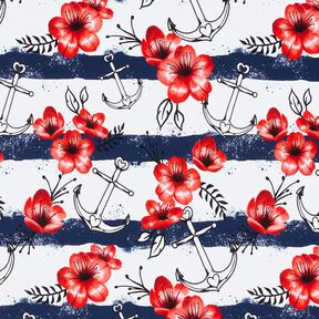 Cotton Jersey flowers & anchor stripes | Glitzerpüppi – white/chili, 
