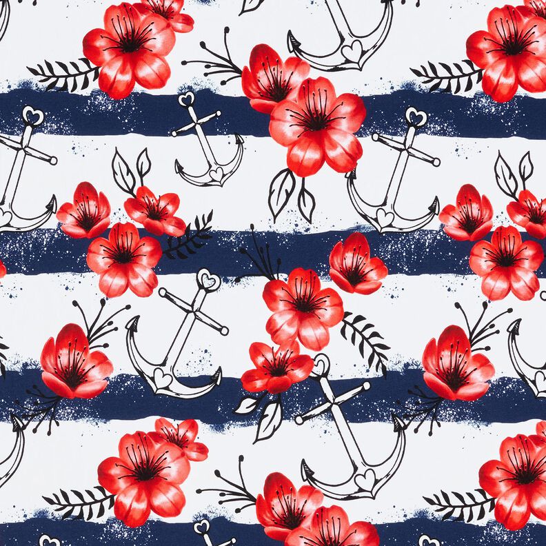 Cotton Jersey flowers & anchor stripes | Glitzerpüppi – white/chili,  image number 1