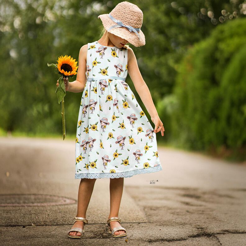 Cotton Jersey Sunflower Girl | Glitzerpüppi – ice blue/sunglow,  image number 5